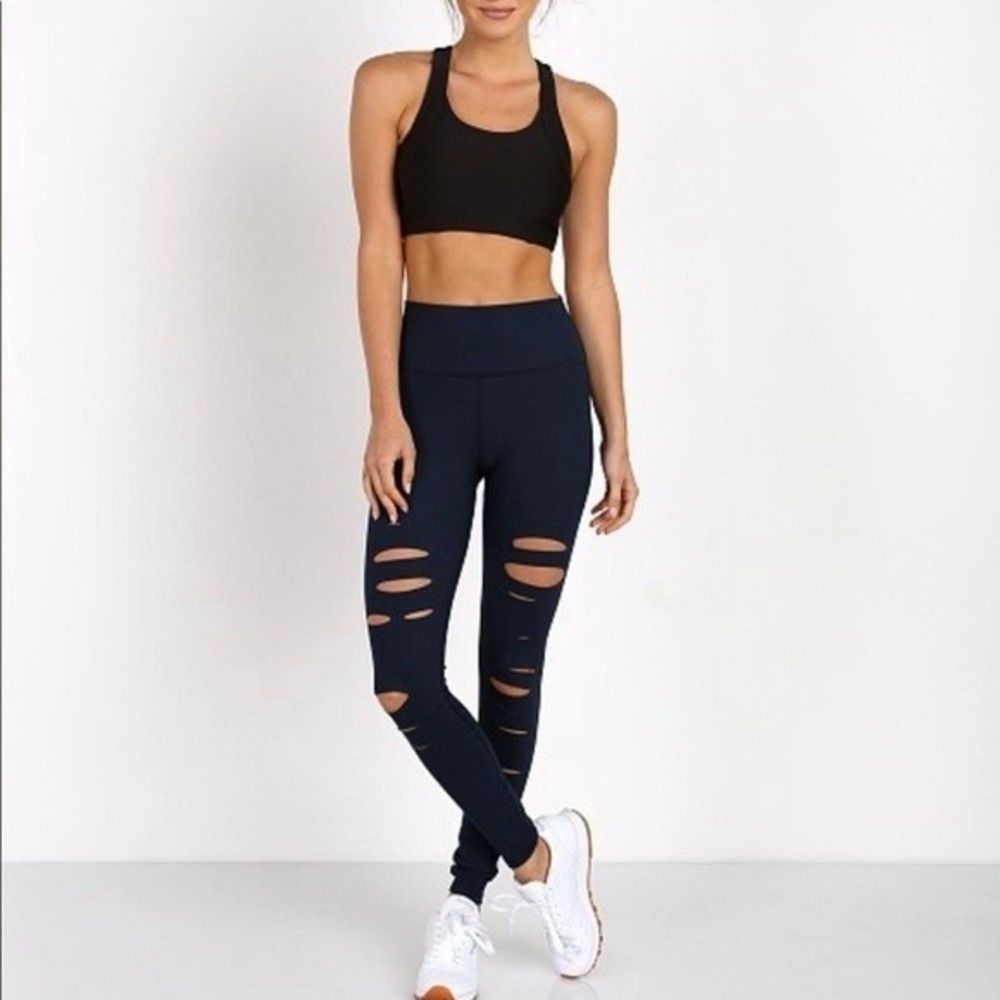 ALO Yoga Ripped Warrior Leggings High-Waist Cut Slit Women's Size XS Black